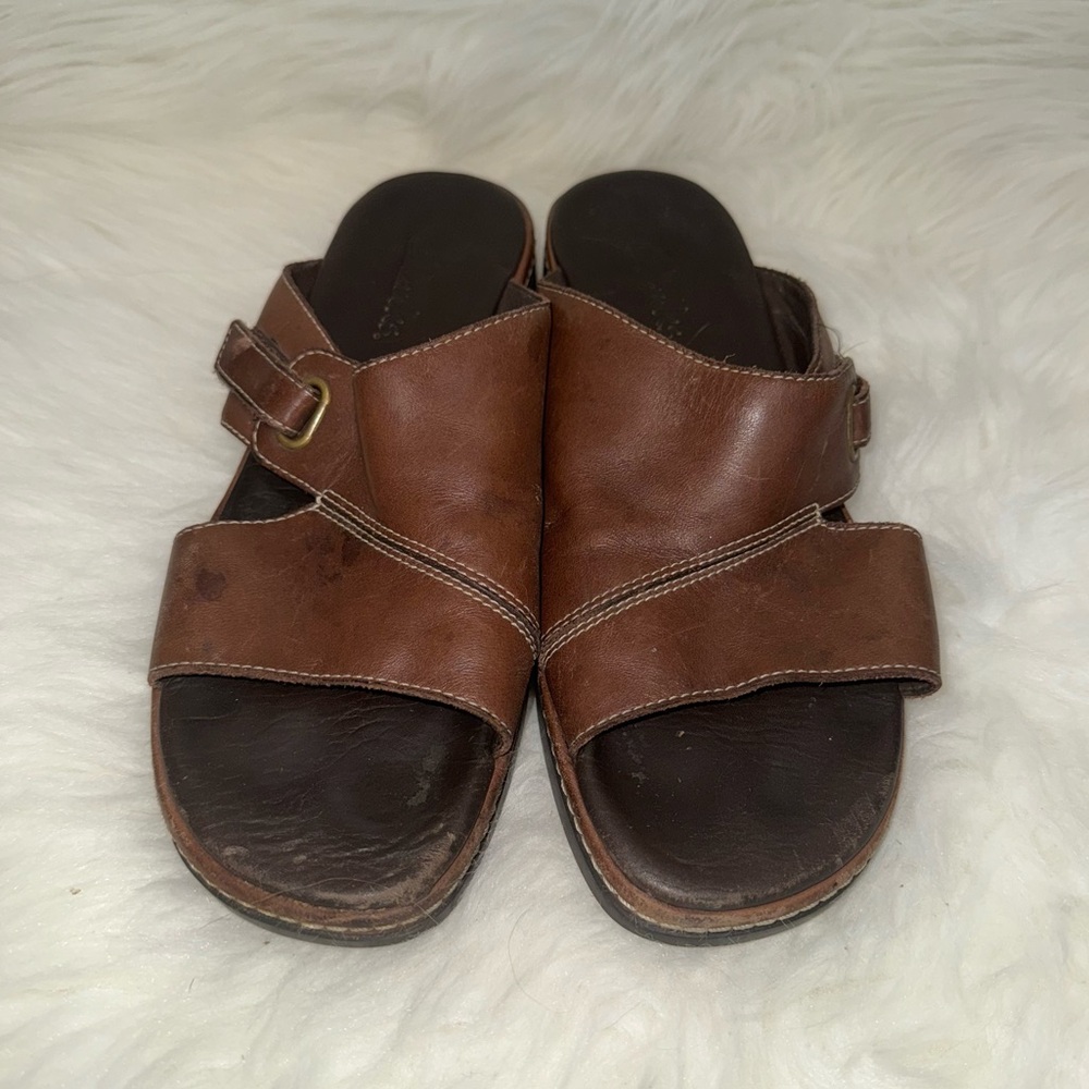 Clarks Brown Leather Slide Sandals